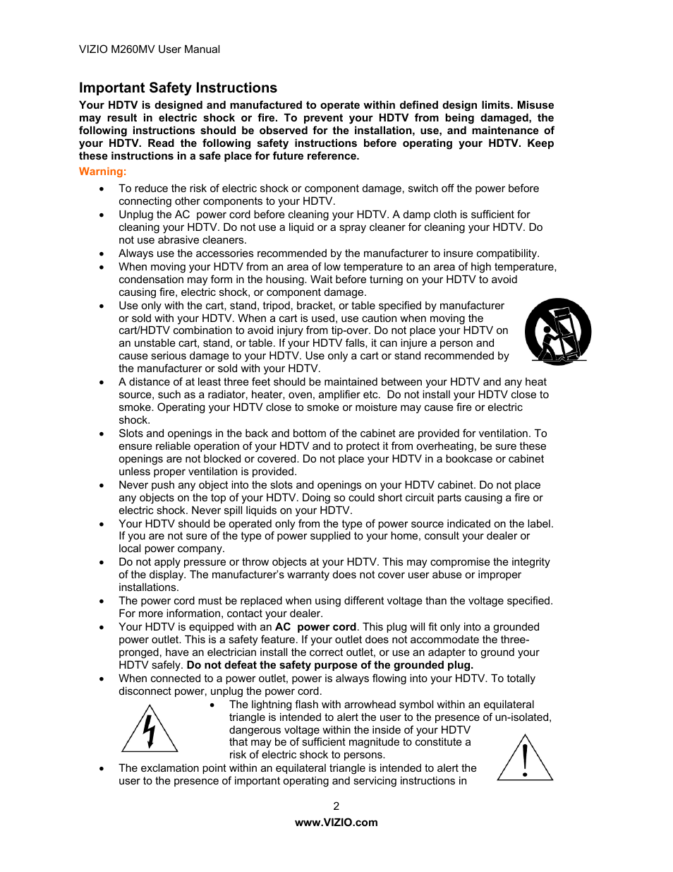 Important safety instructions | Vizio M260MV User Manual | Page 2 / 49