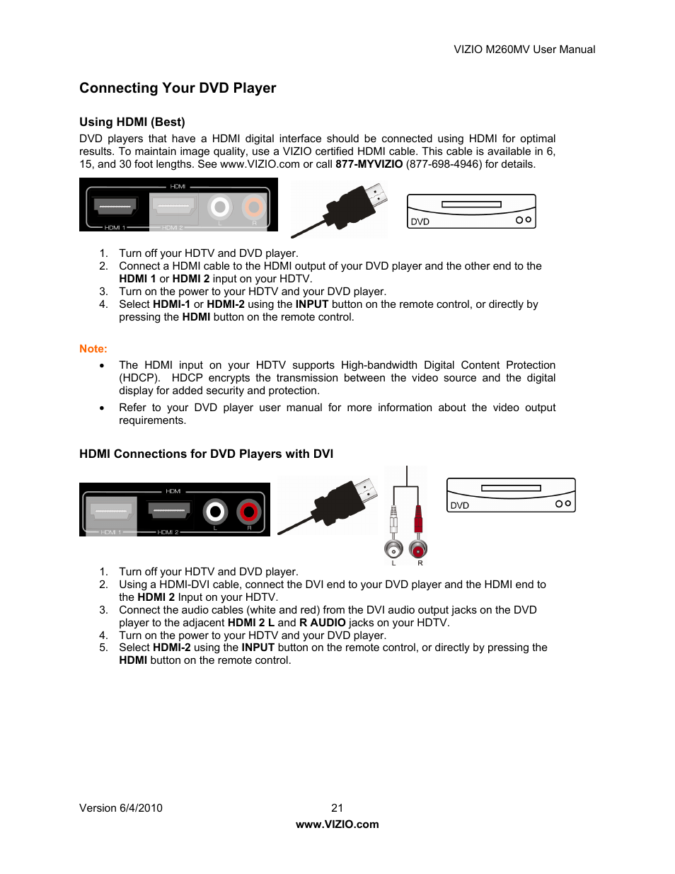 Connecting your dvd player | Vizio M260MV User Manual | Page 21 / 49