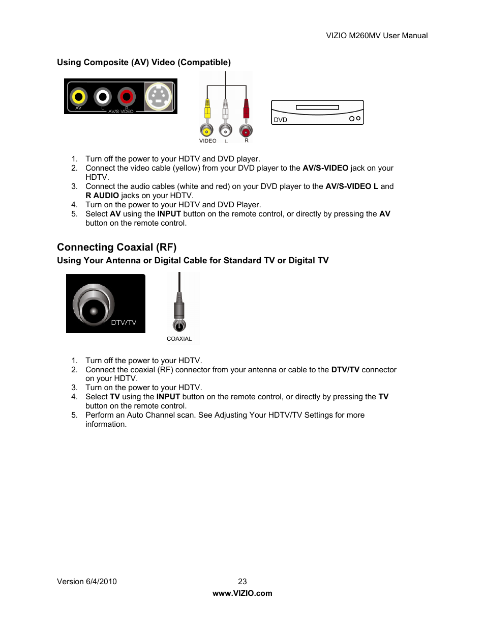 Connecting coaxial (rf) | Vizio M260MV User Manual | Page 23 / 49