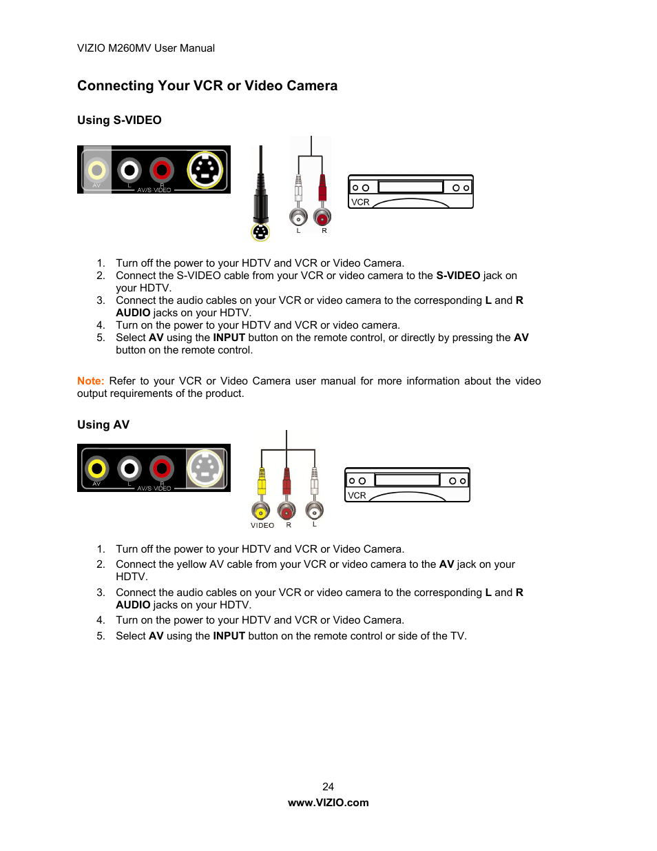 Connecting your vcr or video camera | Vizio M260MV User Manual | Page 24 / 49