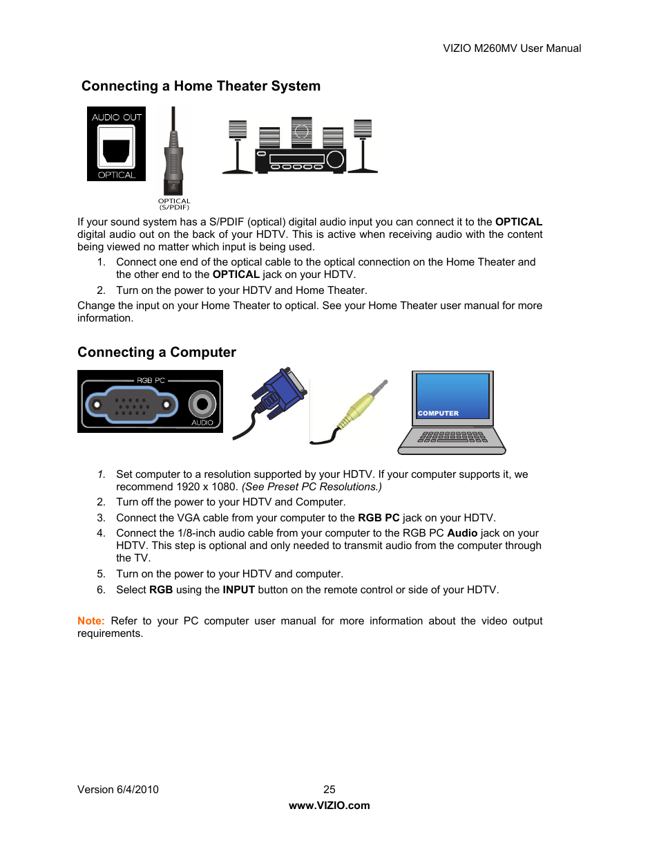 Connecting a home theater system, Connecting a computer | Vizio M260MV User Manual | Page 25 / 49