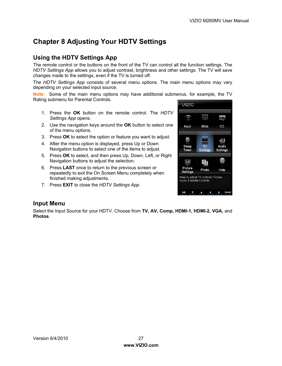 Chapter 8 adjusting your hdtv settings, Using the hdtv settings app, Input menu | Vizio M260MV User Manual | Page 27 / 49