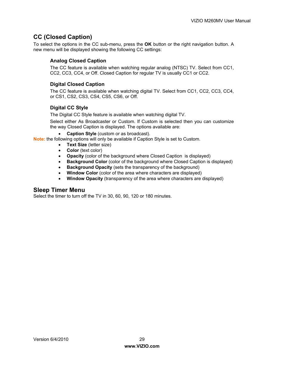 Cc (closed caption), Sleep timer menu | Vizio M260MV User Manual | Page 29 / 49
