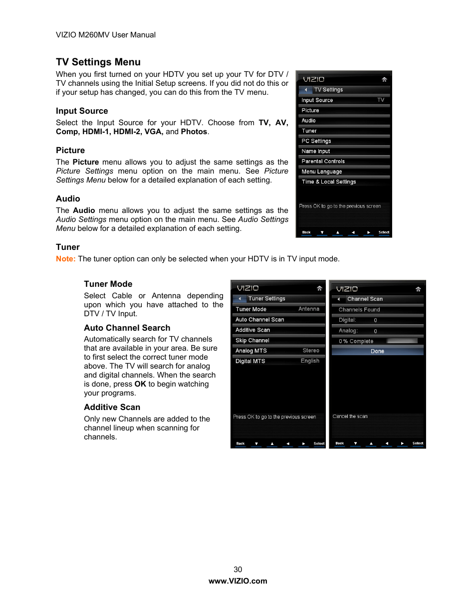 Tv settings menu | Vizio M260MV User Manual | Page 30 / 49