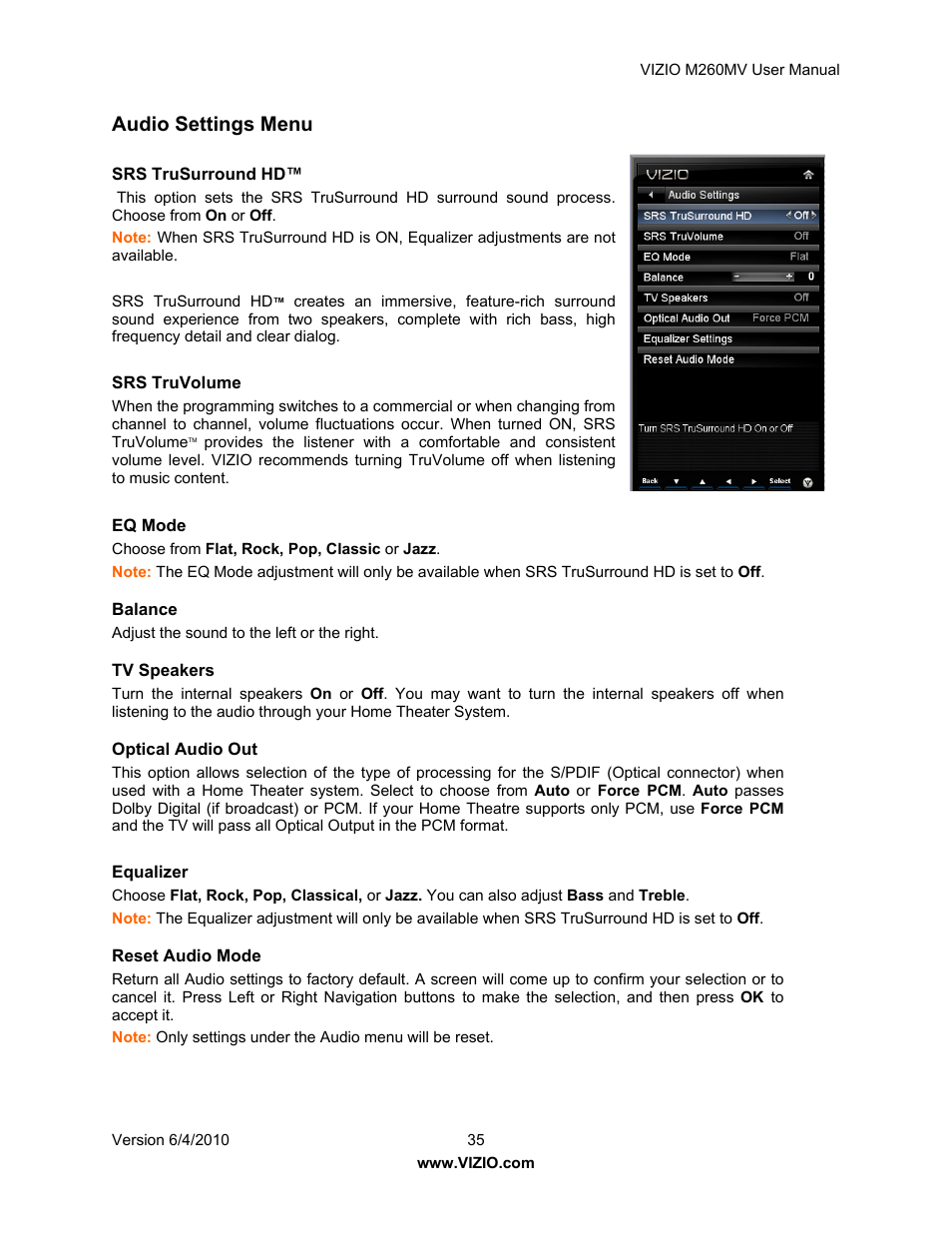 Audio settings menu | Vizio M260MV User Manual | Page 35 / 49