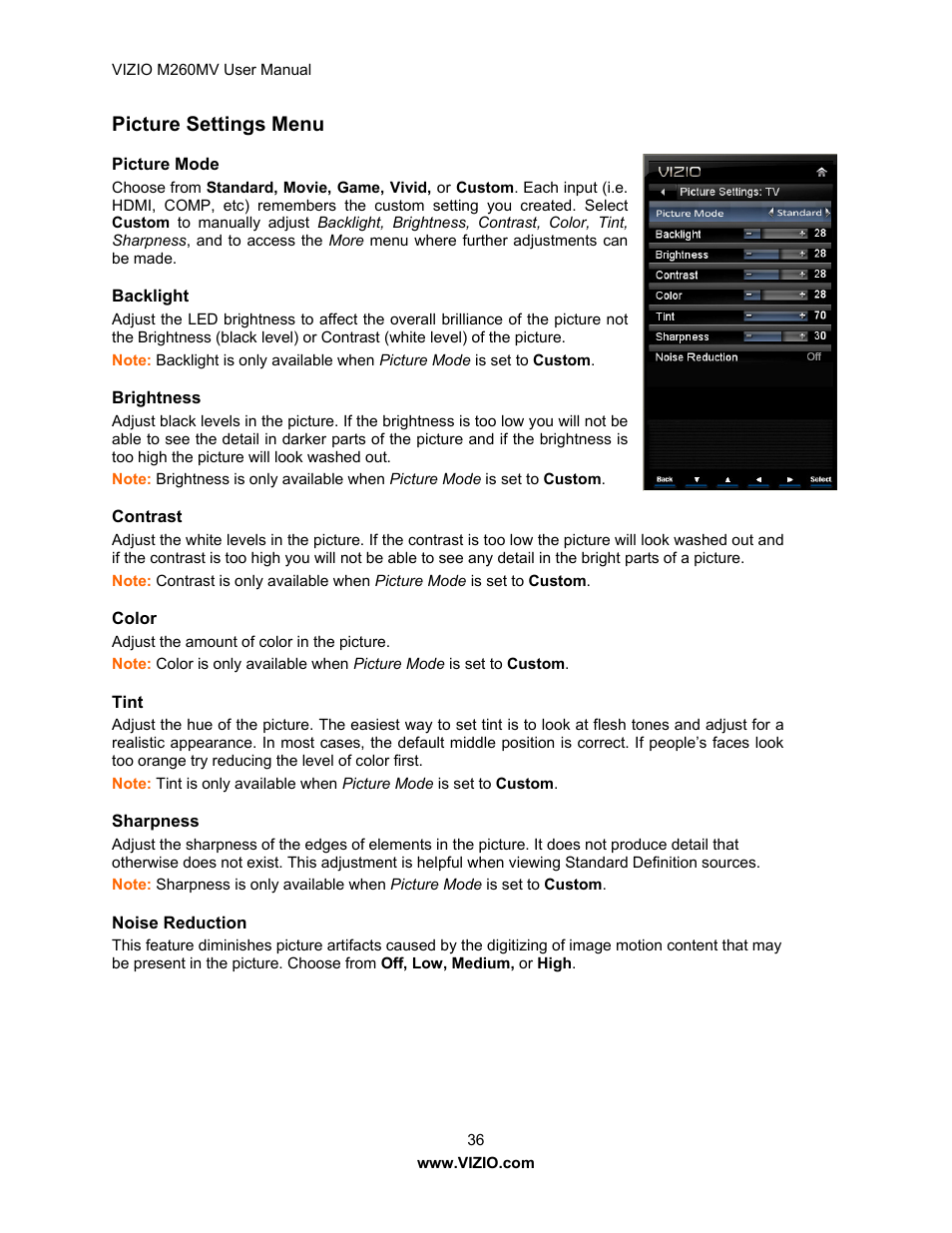 Picture settings menu | Vizio M260MV User Manual | Page 36 / 49