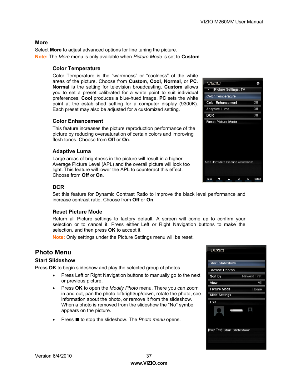 Photo menu | Vizio M260MV User Manual | Page 37 / 49