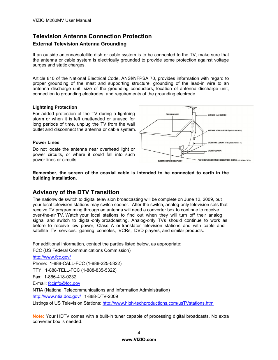 Television antenna connection protection, Advisory of the dtv transition | Vizio M260MV User Manual | Page 4 / 49