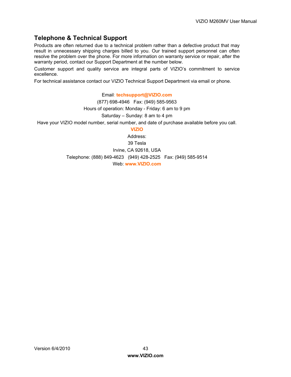 Telephone & technical support | Vizio M260MV User Manual | Page 43 / 49