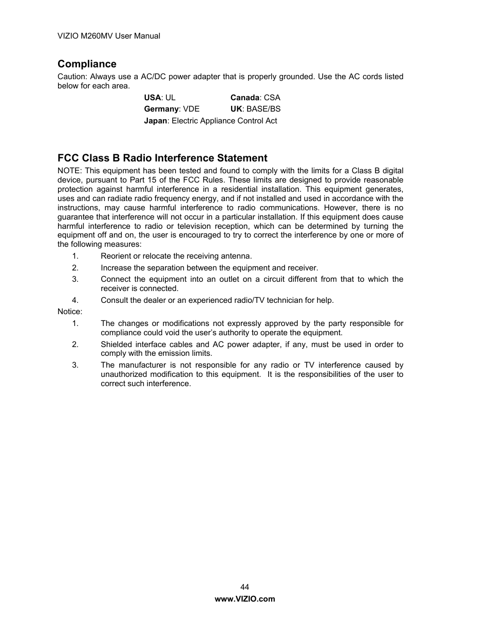 Compliance, Fcc class b radio interference statement | Vizio M260MV User Manual | Page 44 / 49