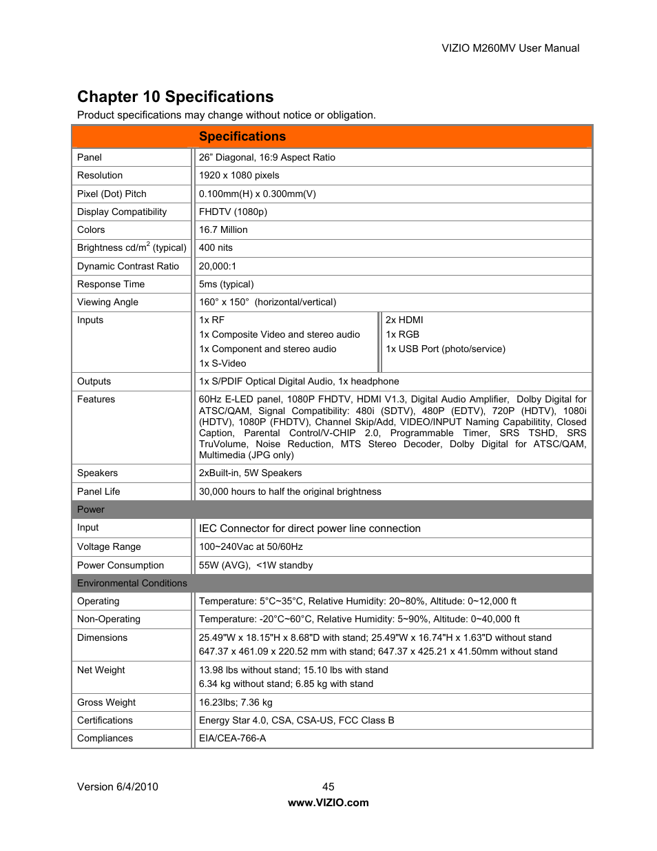 Chapter 10 specifications, Specifications | Vizio M260MV User Manual | Page 45 / 49