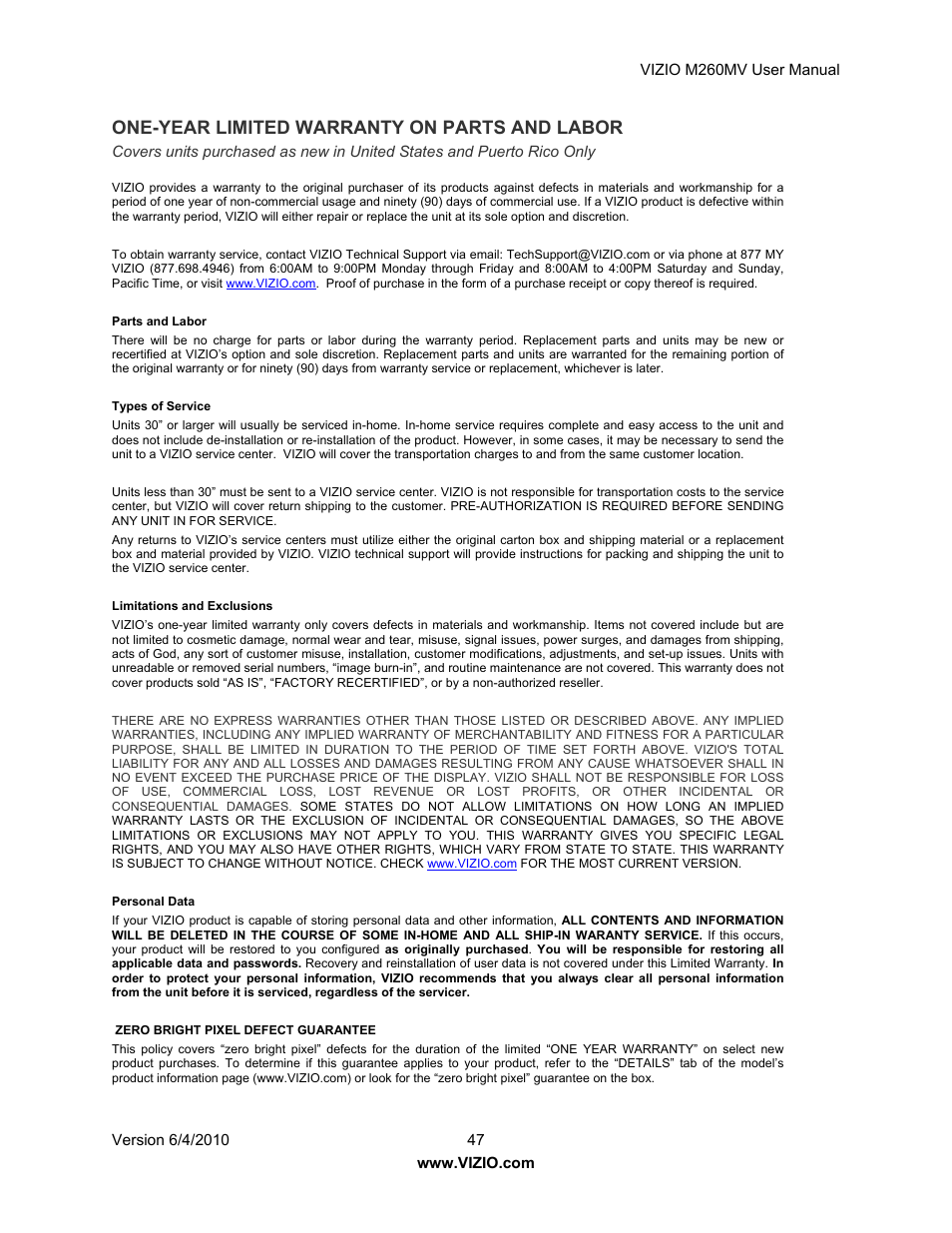 One-year limited warranty on parts and labor | Vizio M260MV User Manual | Page 47 / 49