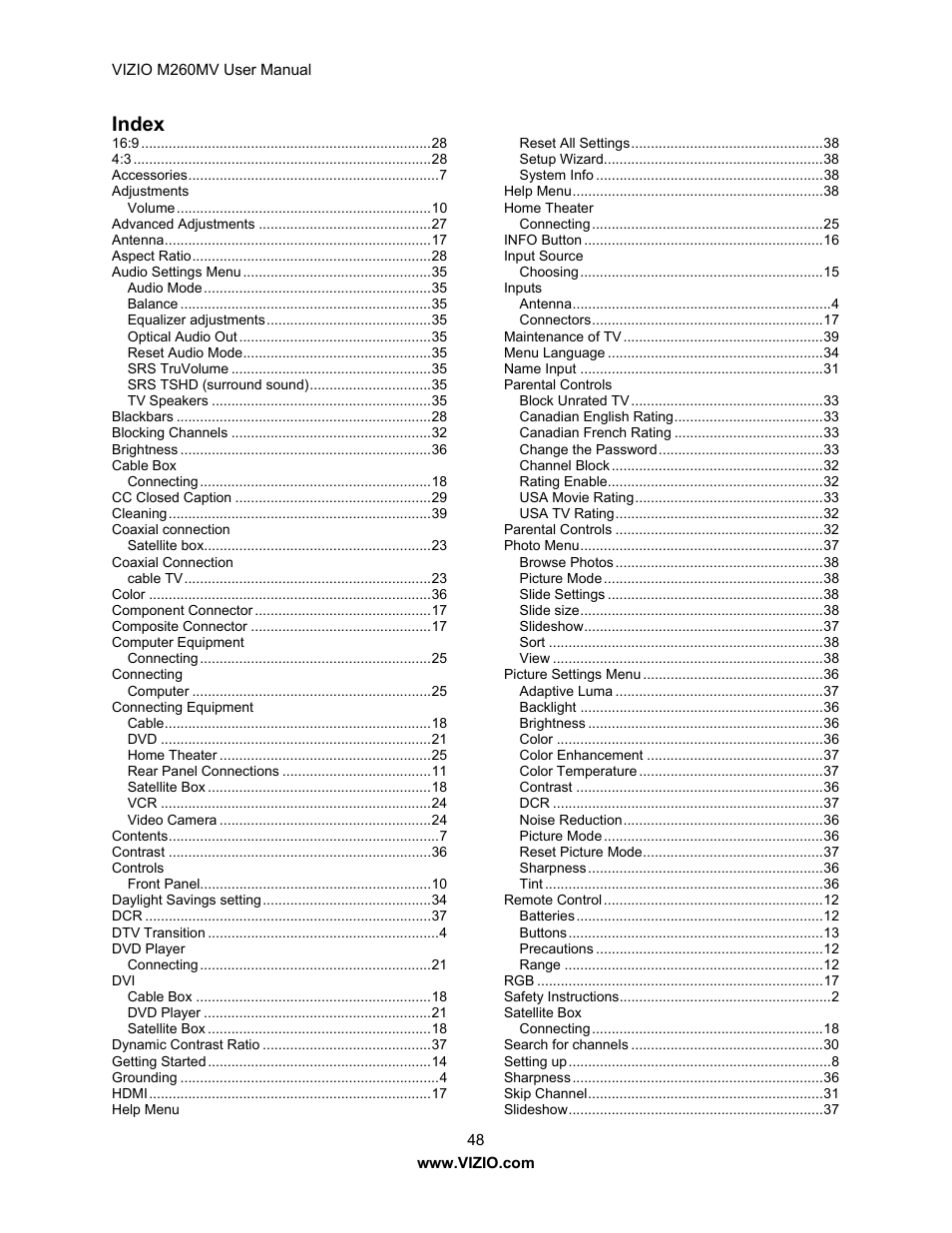 Index | Vizio M260MV User Manual | Page 48 / 49