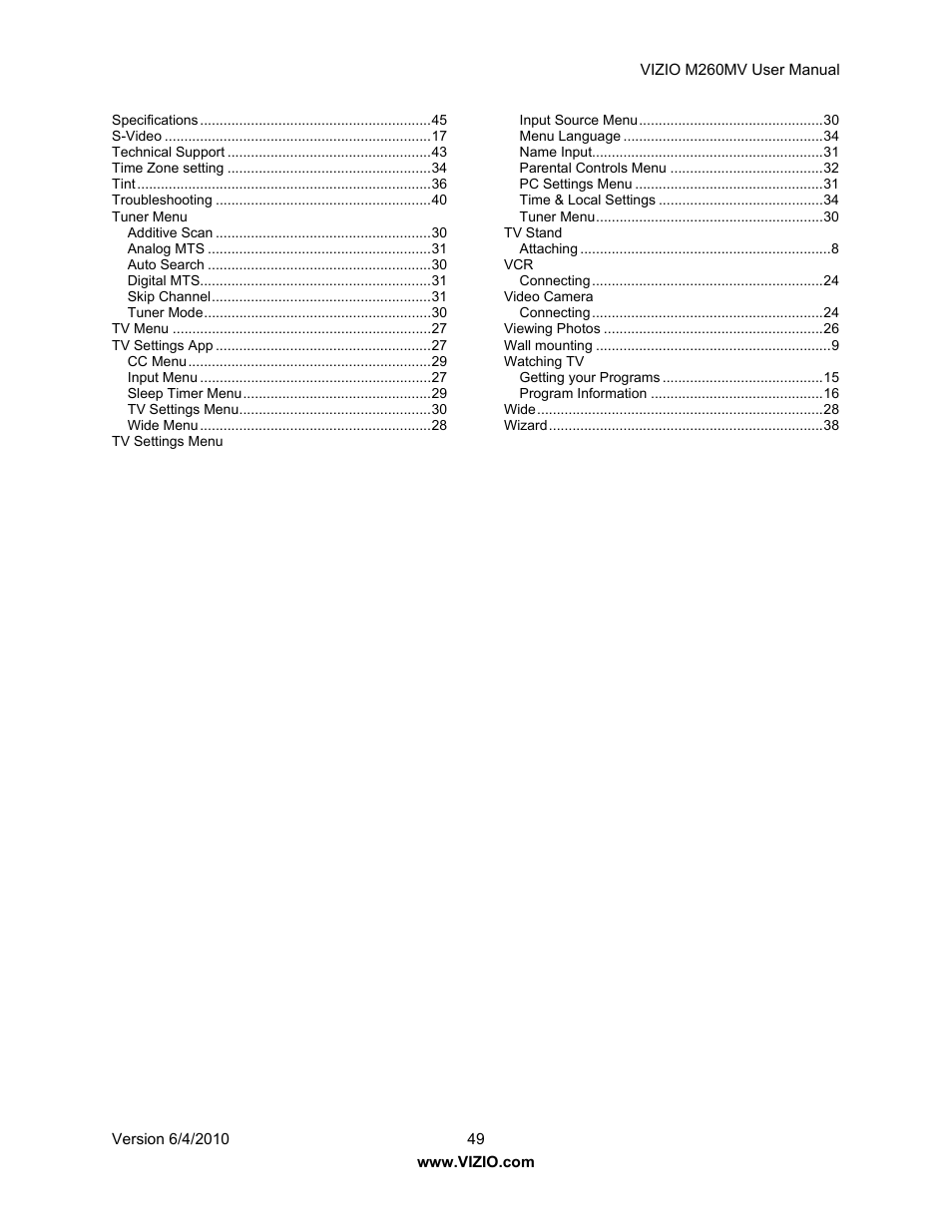 Vizio M260MV User Manual | Page 49 / 49
