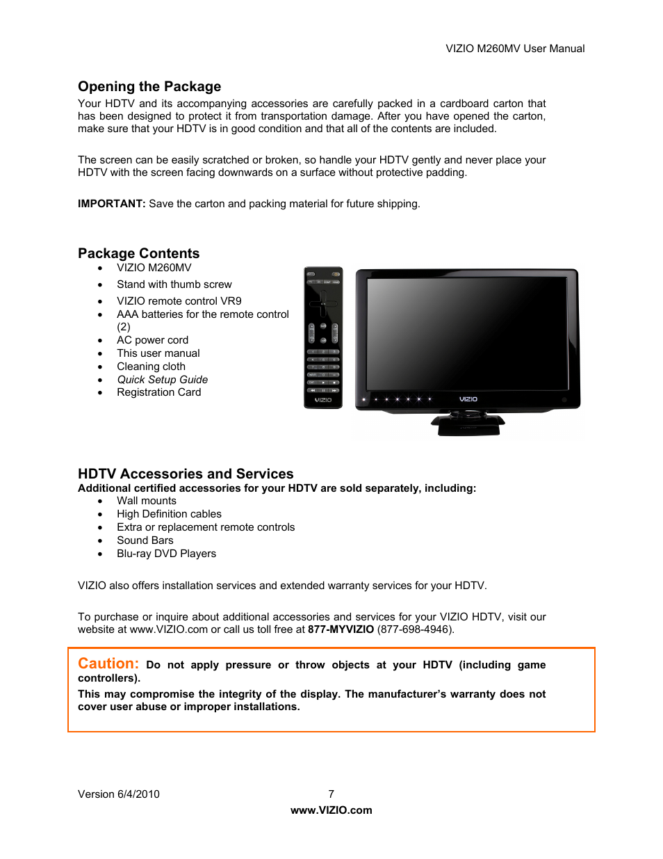 Caution, Opening the package, Package contents | Hdtv accessories and services | Vizio M260MV User Manual | Page 7 / 49