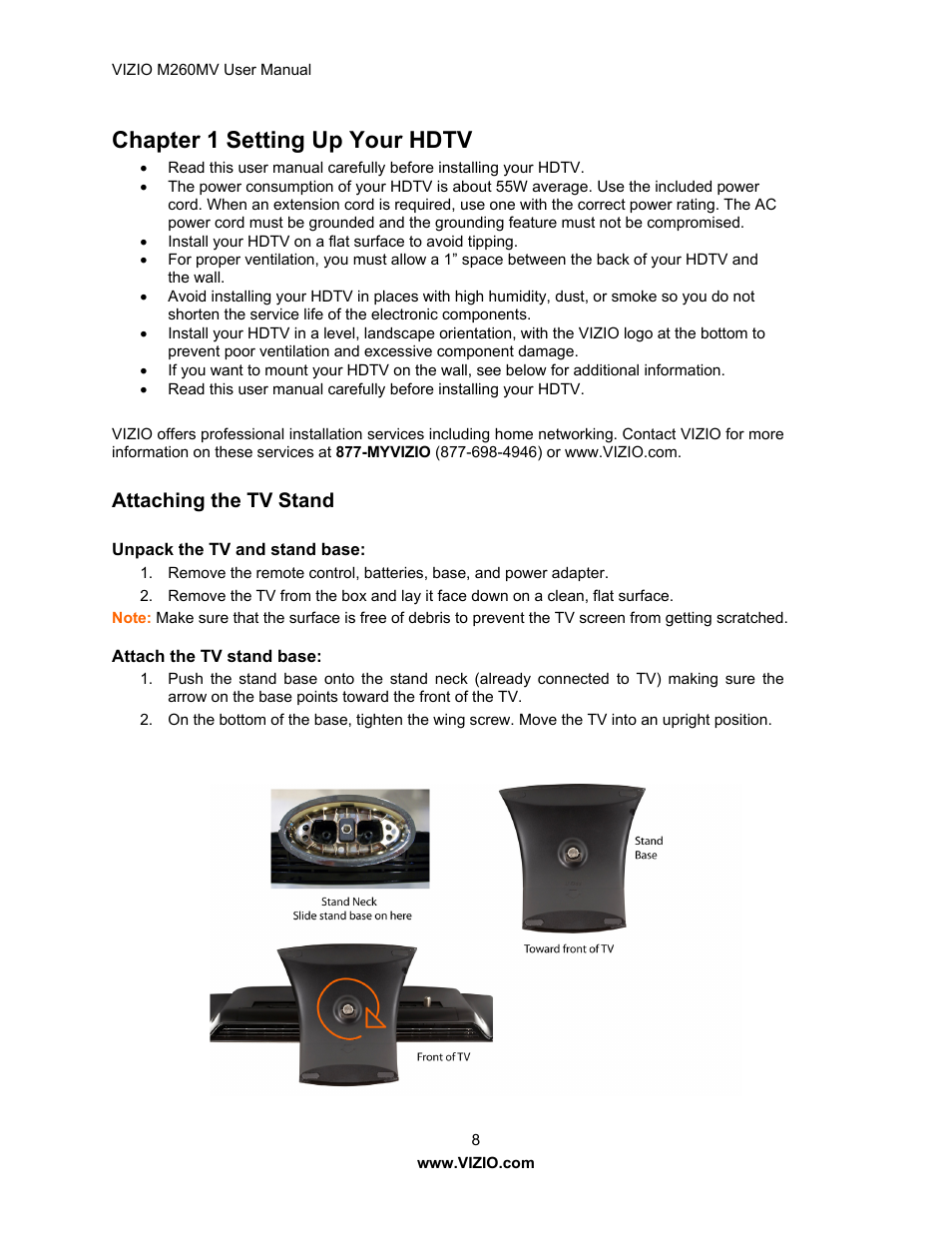 Chapter 1 setting up your hdtv, Attaching the tv stand | Vizio M260MV User Manual | Page 8 / 49