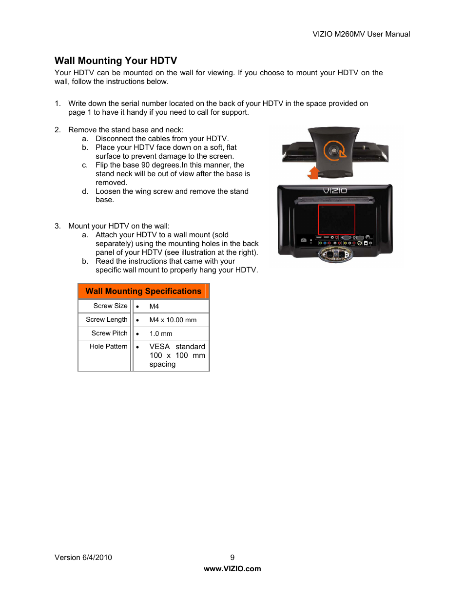 Wall mounting your hdtv | Vizio M260MV User Manual | Page 9 / 49