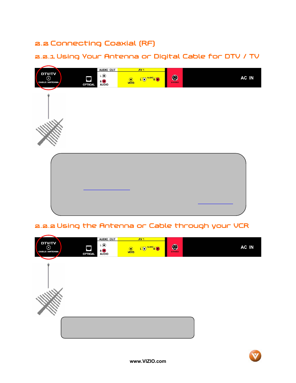 2 connecting coaxial (rf), 1 using your antenna or digital cable for dtv / tv, 2 using the antenna or cable through your vcr | Vizio VP42 User Manual | Page 14 / 57