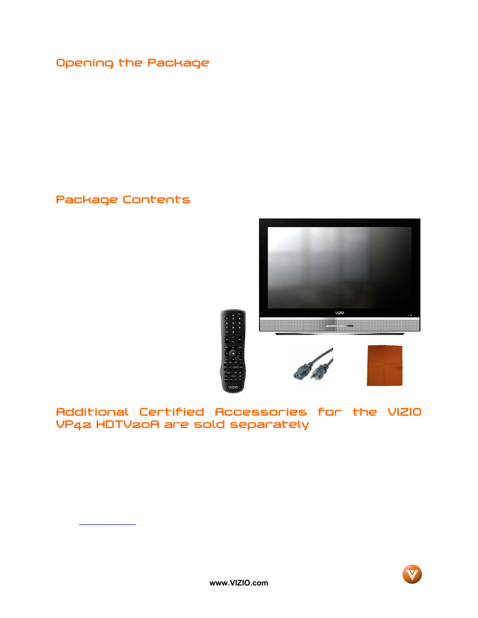 Opening the package, Package contents | Vizio VP42 User Manual | Page 4 / 57