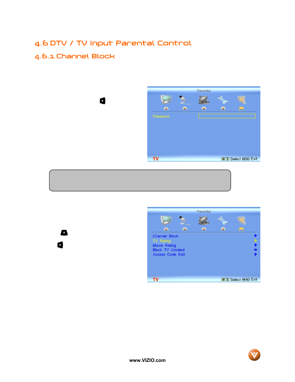 6 dtv / tv input parental control, 1 channel block | Vizio VP42 User Manual | Page 40 / 57
