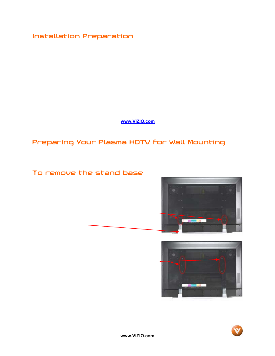 Installation preparation, Preparing your plasma hdtv for wall mounting | Vizio VP42 User Manual | Page 5 / 57