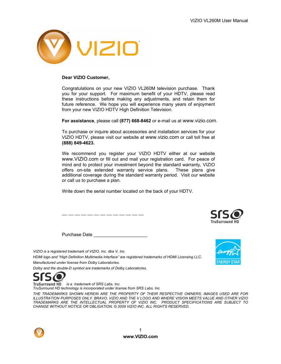 Vizio VL260M User Manual | 52 pages