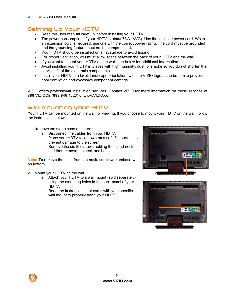 Setting up your hdtv, Wall m ounting your hdtv | Vizio VL260M User Manual | Page 10 / 52