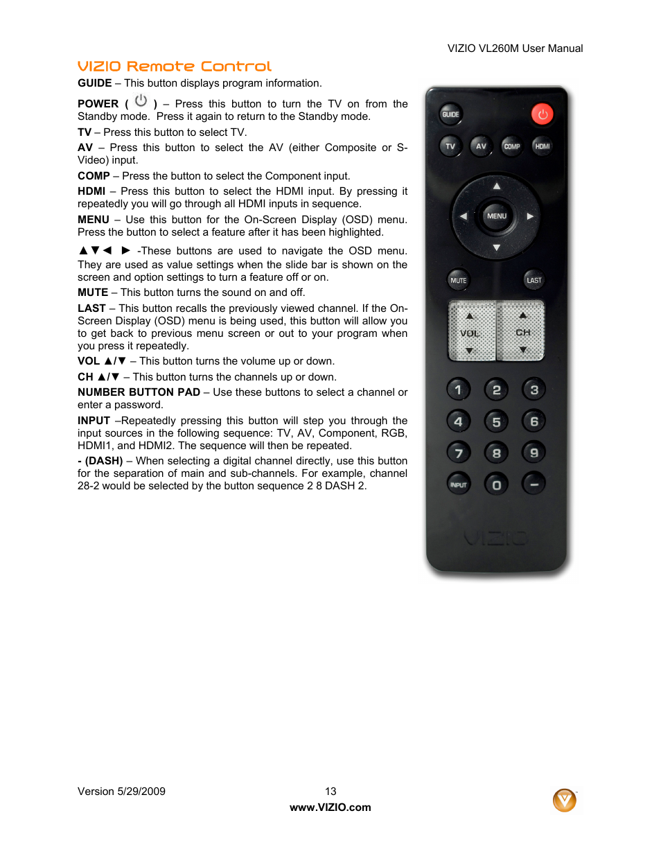 Vizio remote control | Vizio VL260M User Manual | Page 13 / 52