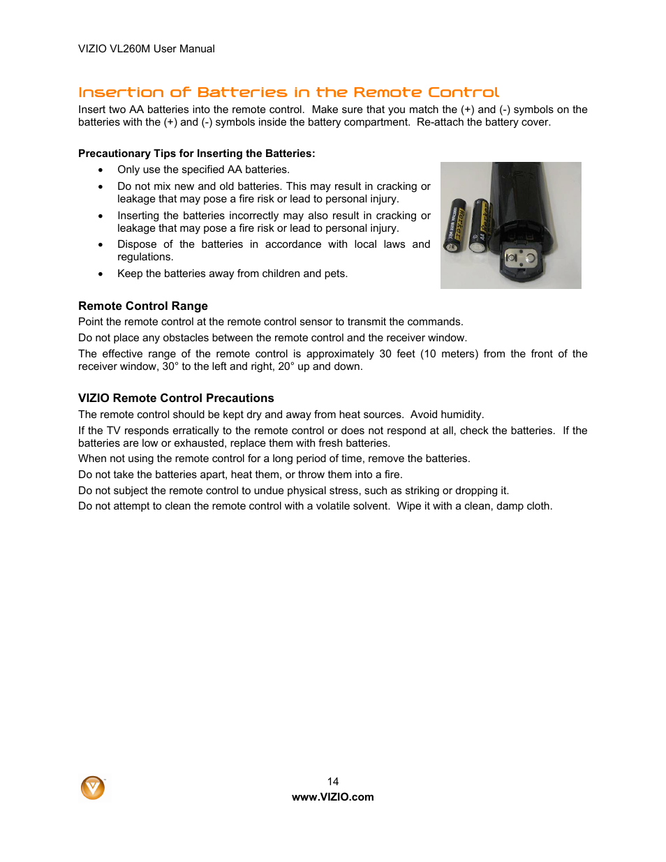 Insertion of batteries in the remote control | Vizio VL260M User Manual | Page 14 / 52
