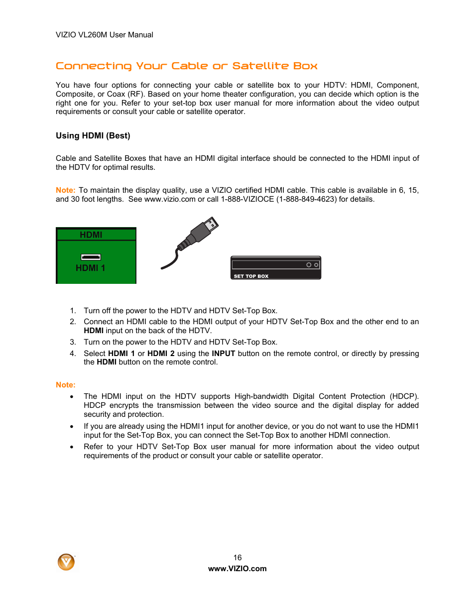 Connecting your cable or satellite box | Vizio VL260M User Manual | Page 16 / 52