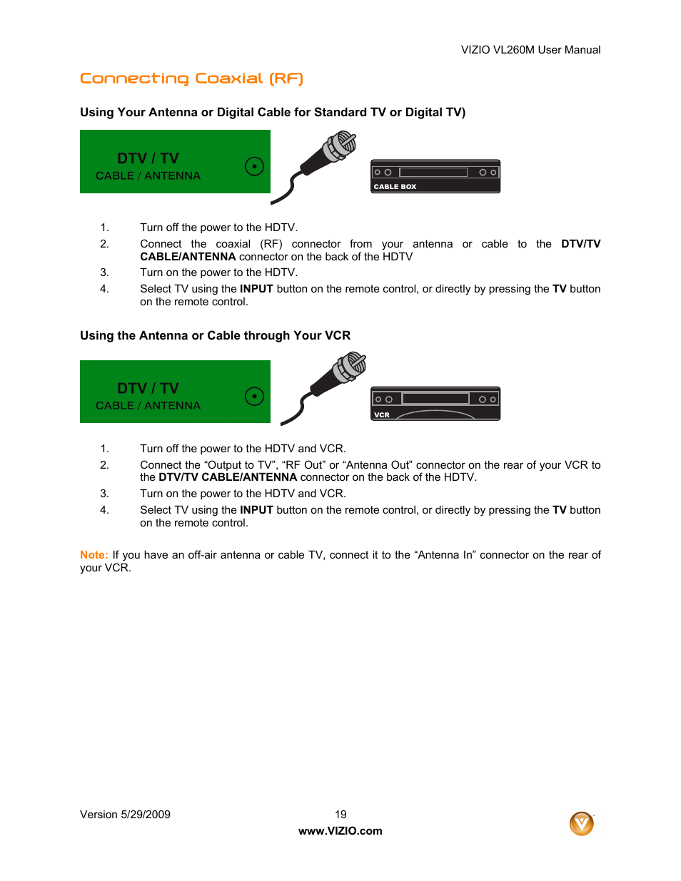 Connecting coaxial (rf) | Vizio VL260M User Manual | Page 19 / 52