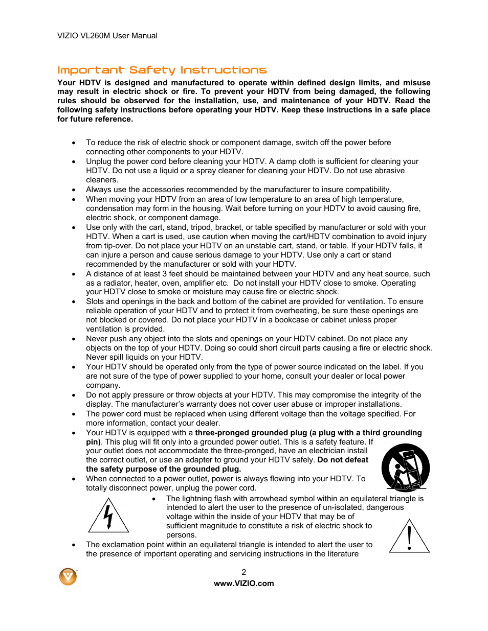 Important safety instructions | Vizio VL260M User Manual | Page 2 / 52