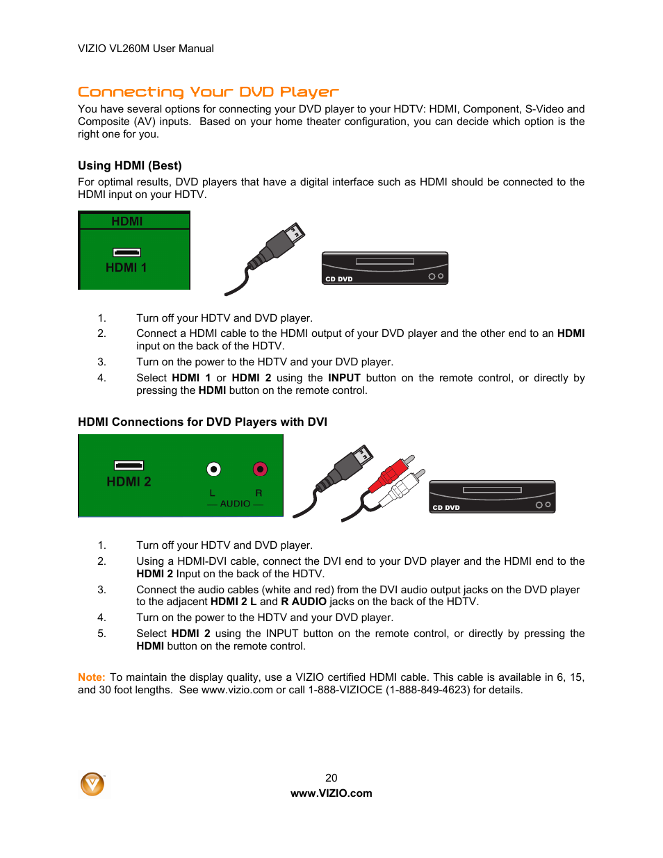 Connecting your dvd player | Vizio VL260M User Manual | Page 20 / 52