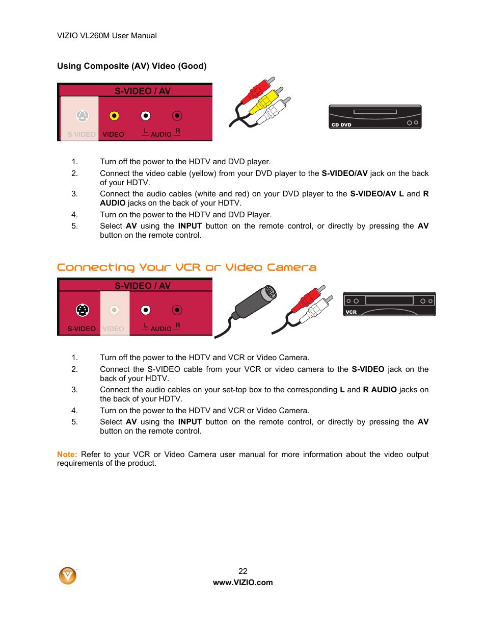 Connecting your vcr or video camera | Vizio VL260M User Manual | Page 22 / 52