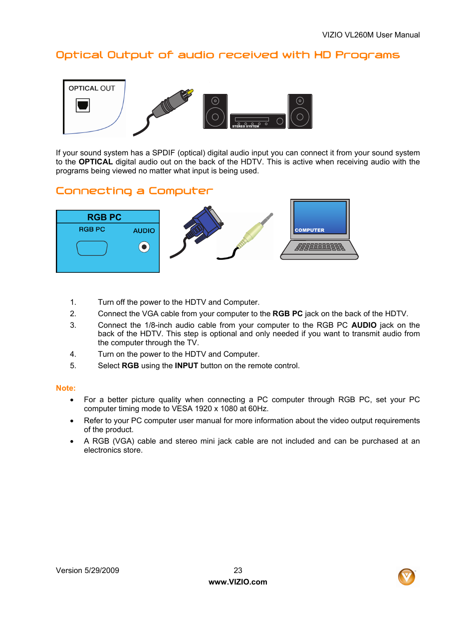 Optical output of audio received with hd programs, Connecting a computer | Vizio VL260M User Manual | Page 23 / 52