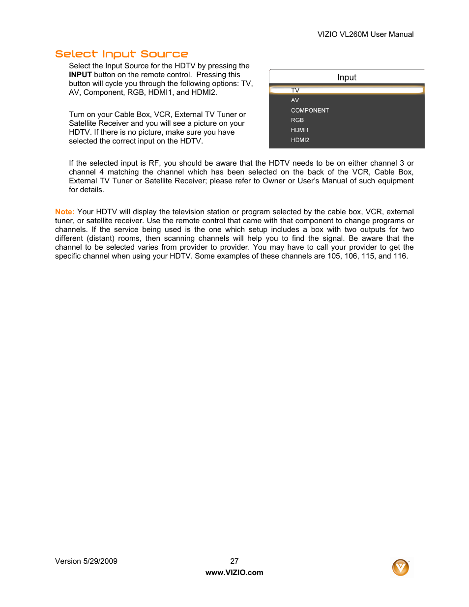 Select input source | Vizio VL260M User Manual | Page 27 / 52