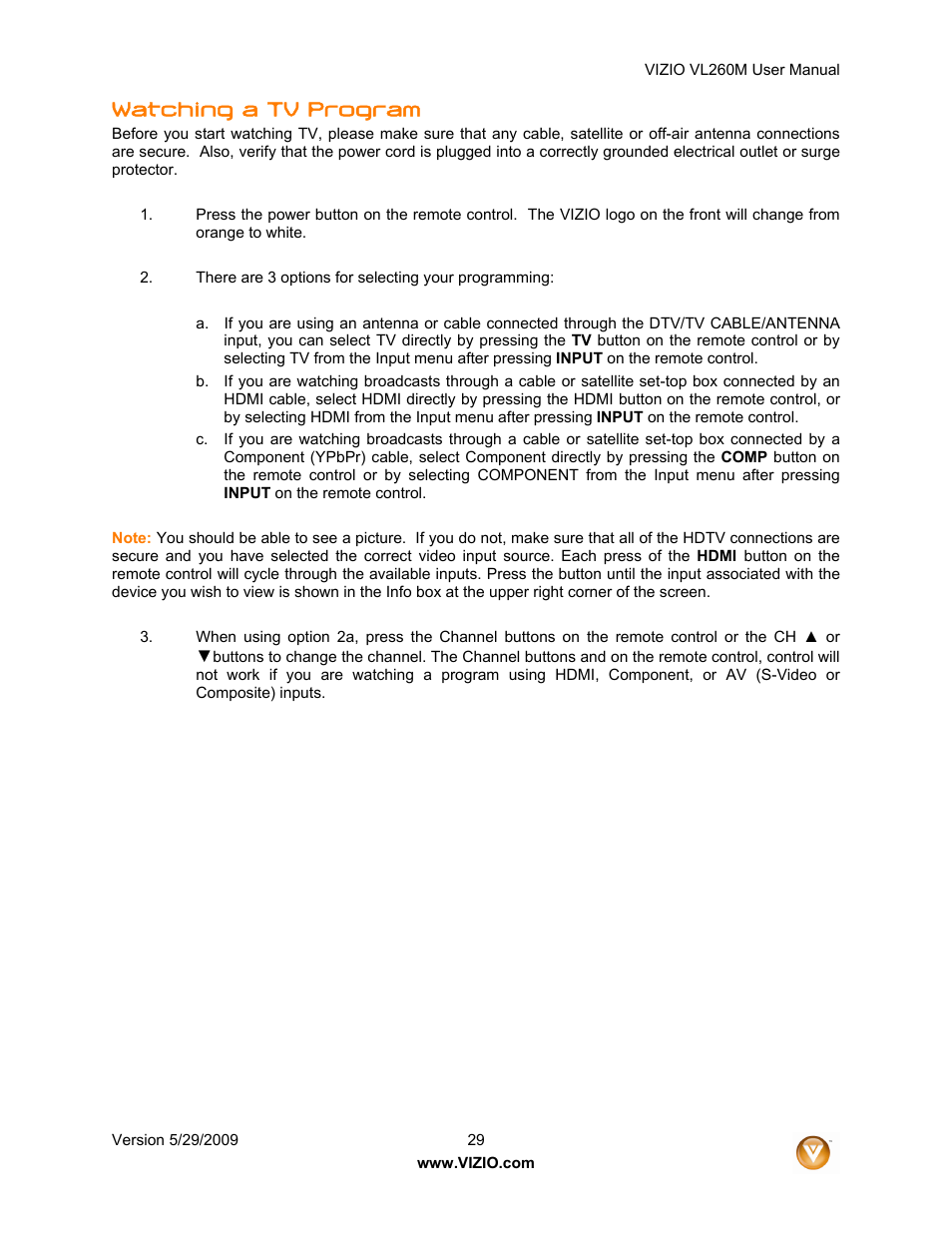 Watching a tv program | Vizio VL260M User Manual | Page 29 / 52