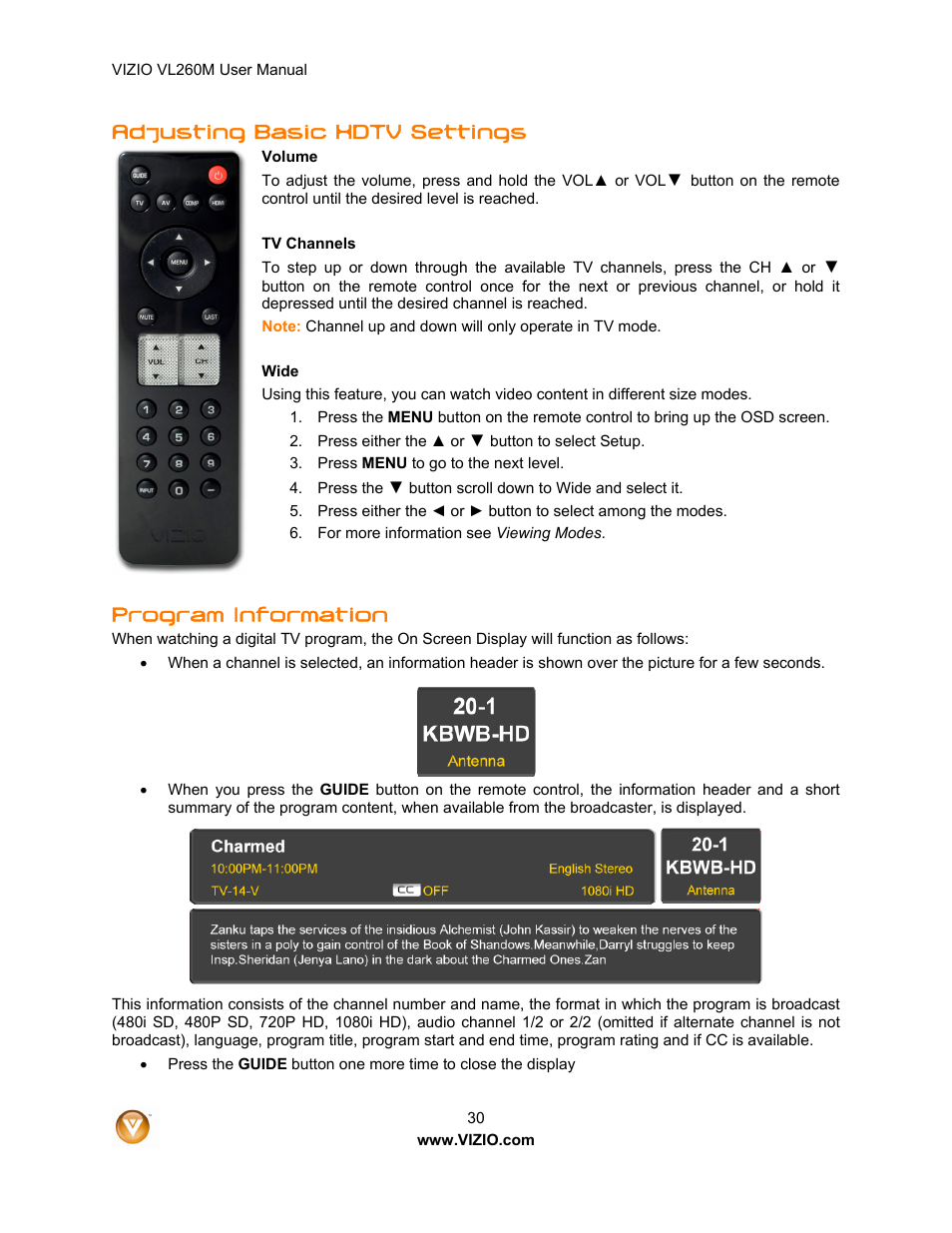 Adjusting basic hdtv settings, Program information | Vizio VL260M User Manual | Page 30 / 52