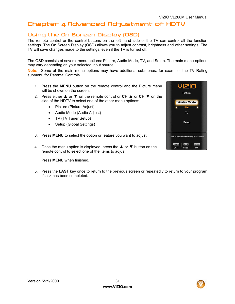 Chapter 4 advanced adjustment of hdtv, Using the on screen display (osd) | Vizio VL260M User Manual | Page 31 / 52