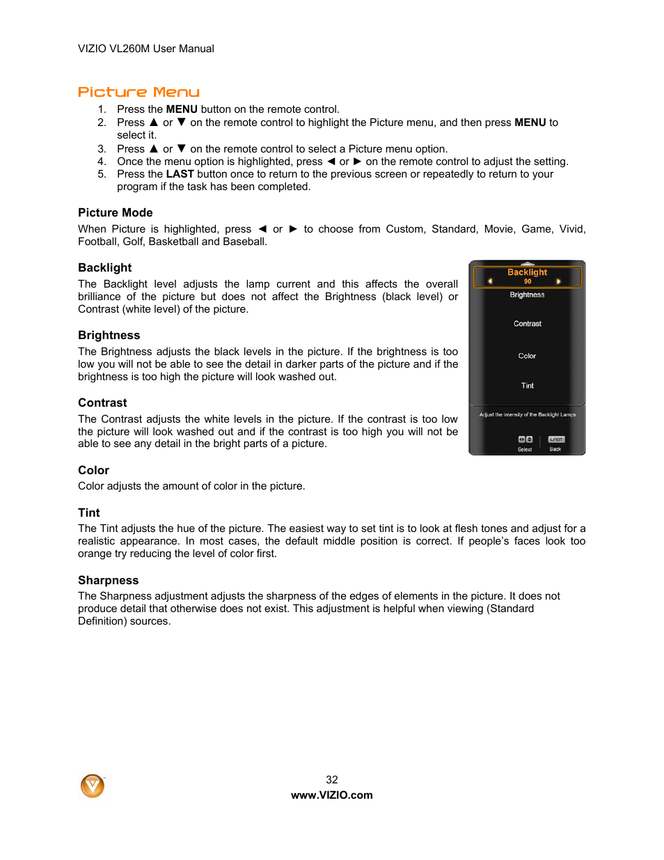 Picture menu | Vizio VL260M User Manual | Page 32 / 52
