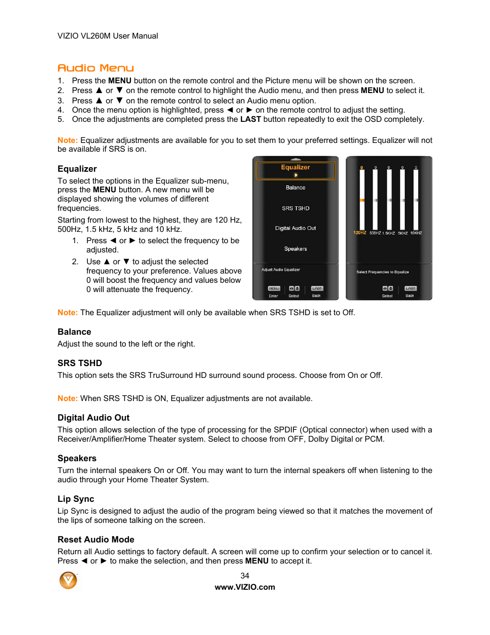 Audio menu | Vizio VL260M User Manual | Page 34 / 52