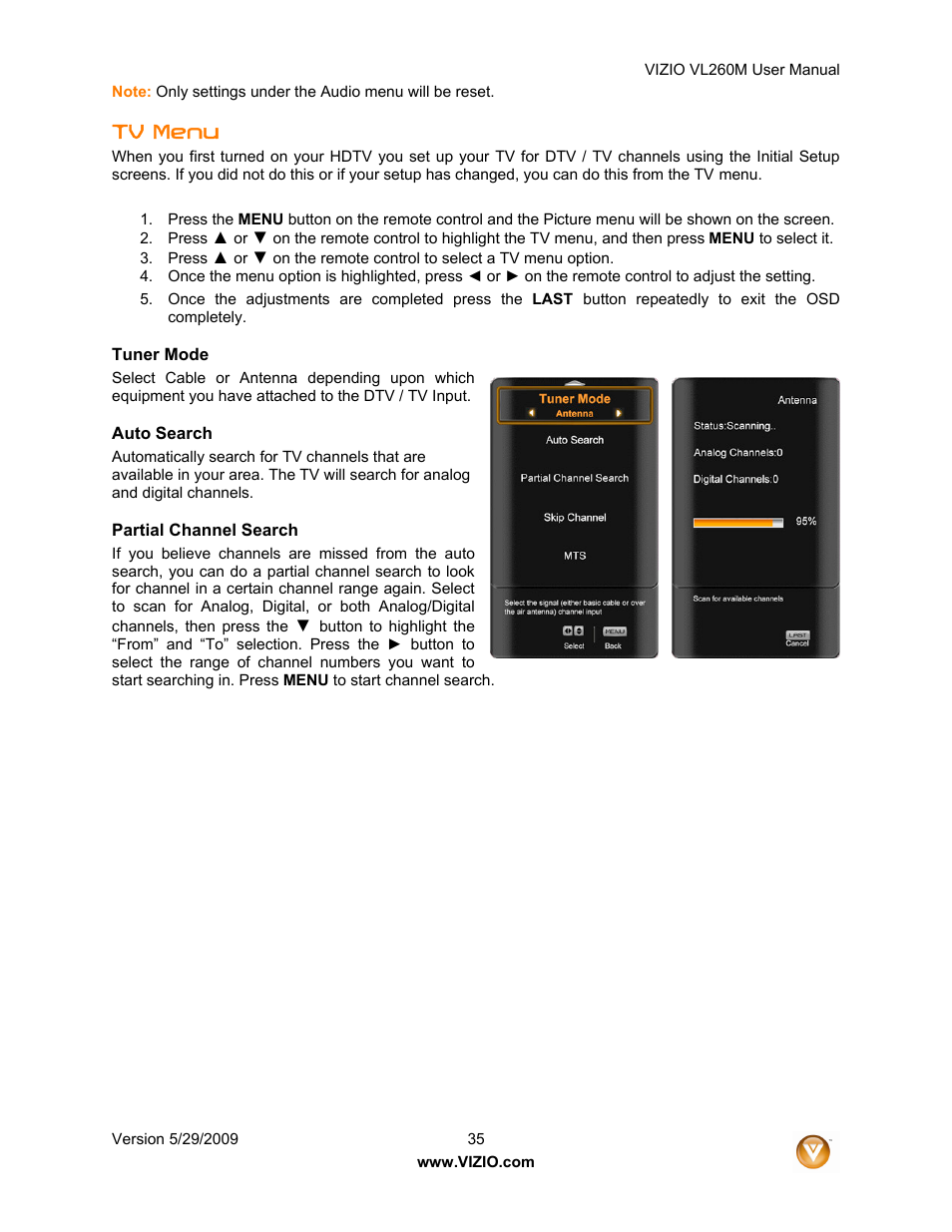 Tv menu | Vizio VL260M User Manual | Page 35 / 52