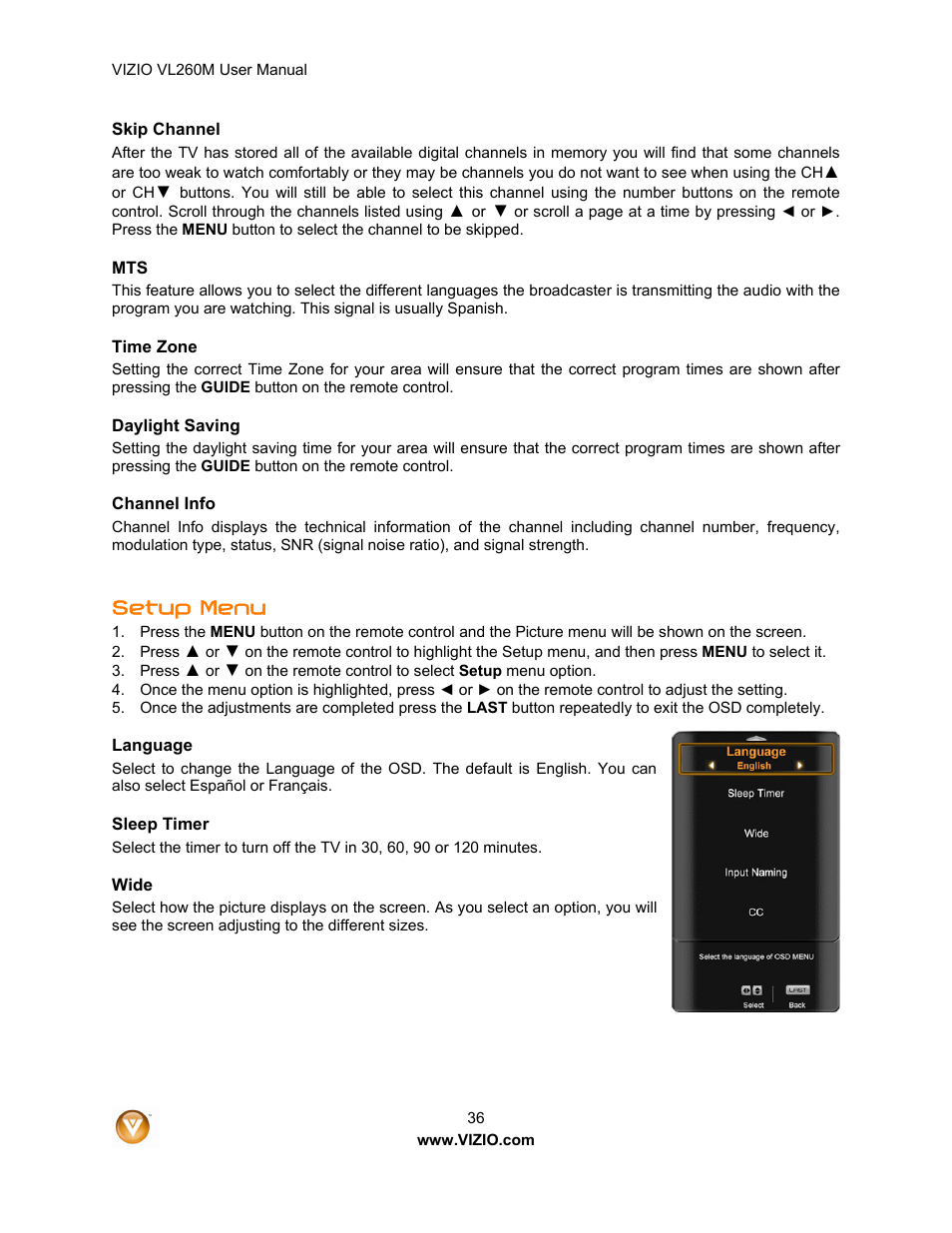 Setup menu | Vizio VL260M User Manual | Page 36 / 52