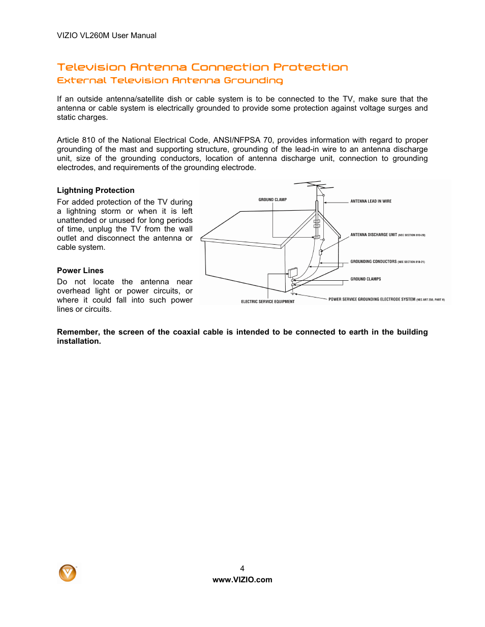 Television antenna connection protection | Vizio VL260M User Manual | Page 4 / 52