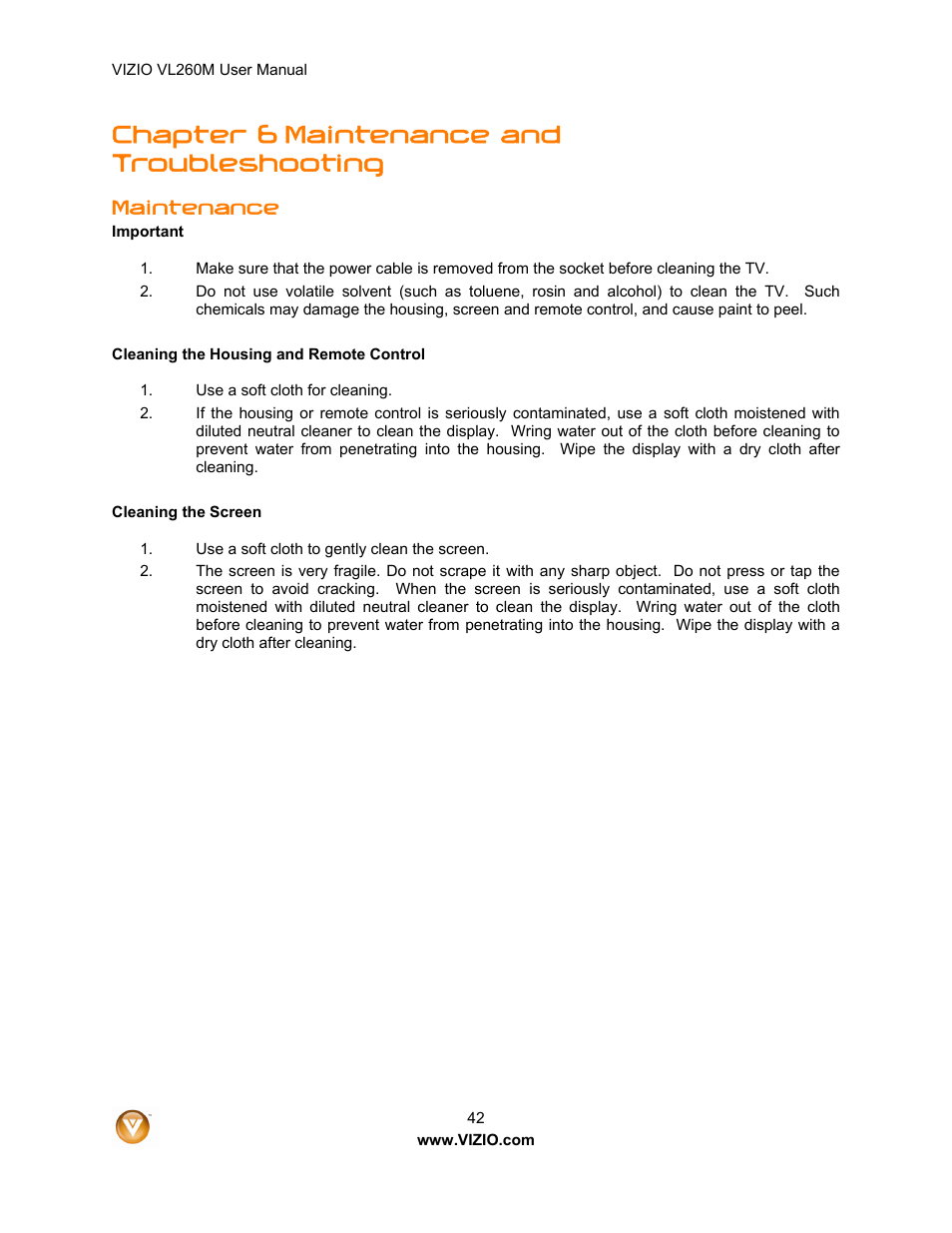 Chapter 6 maintenance and troubleshooting, Maintenance | Vizio VL260M User Manual | Page 42 / 52