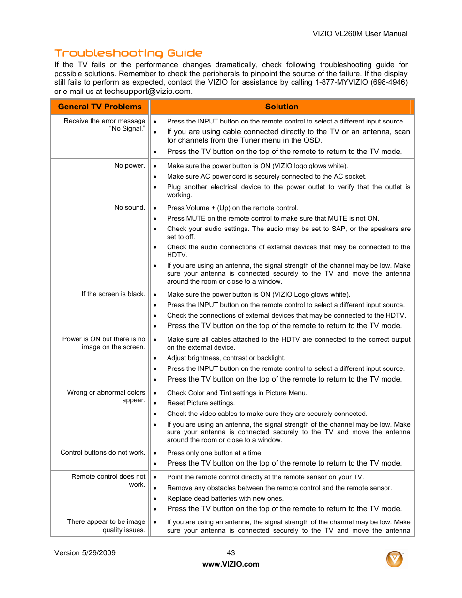 Troubleshooting guide | Vizio VL260M User Manual | Page 43 / 52