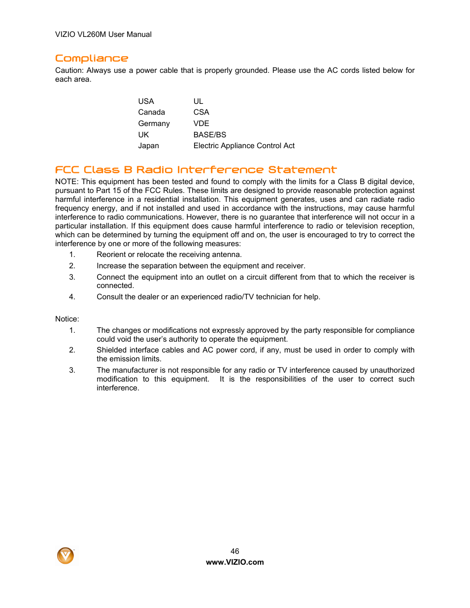 Compliance, Fcc class b radio interference statement | Vizio VL260M User Manual | Page 46 / 52