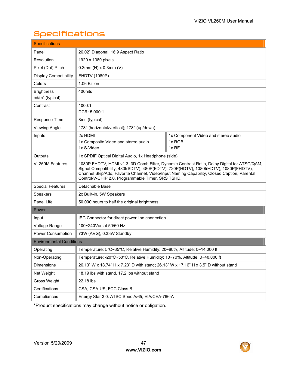 Specifications | Vizio VL260M User Manual | Page 47 / 52