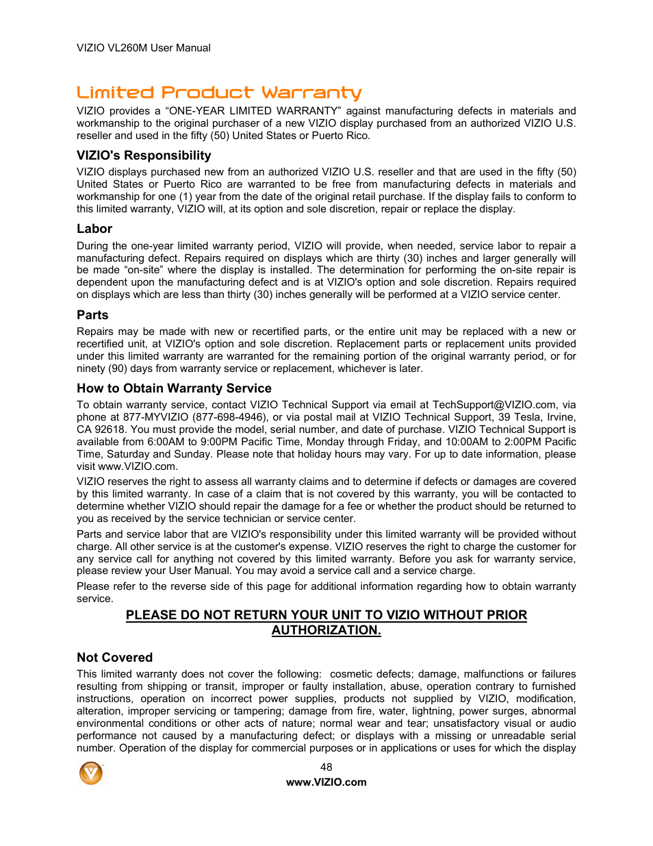 Limited product warranty | Vizio VL260M User Manual | Page 48 / 52