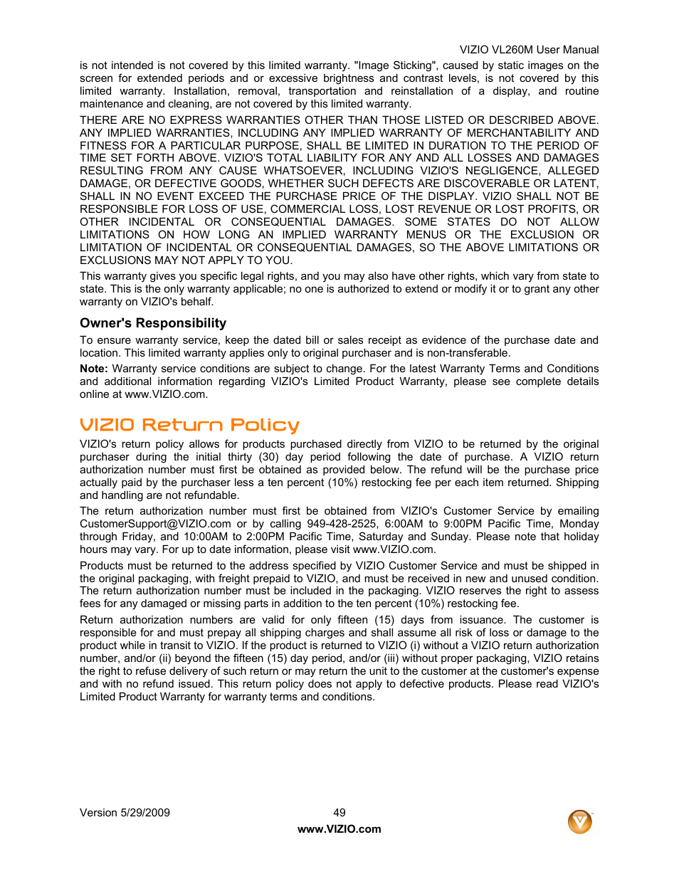 Vizio return policy | Vizio VL260M User Manual | Page 49 / 52